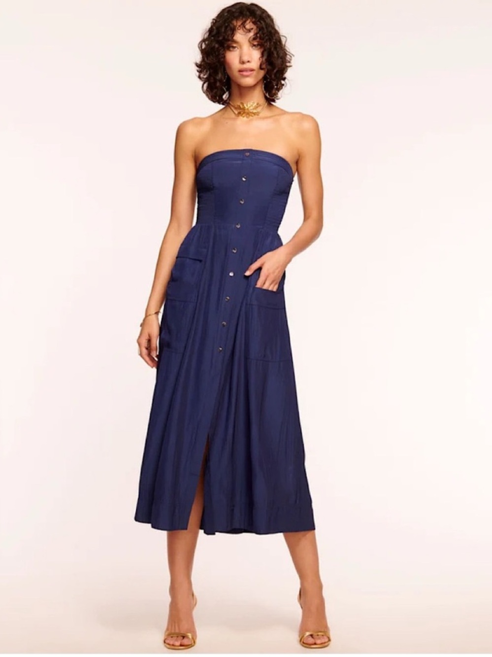 Ramy Brook Blair Strapless Smocked Midi Dress Navy Blue Small